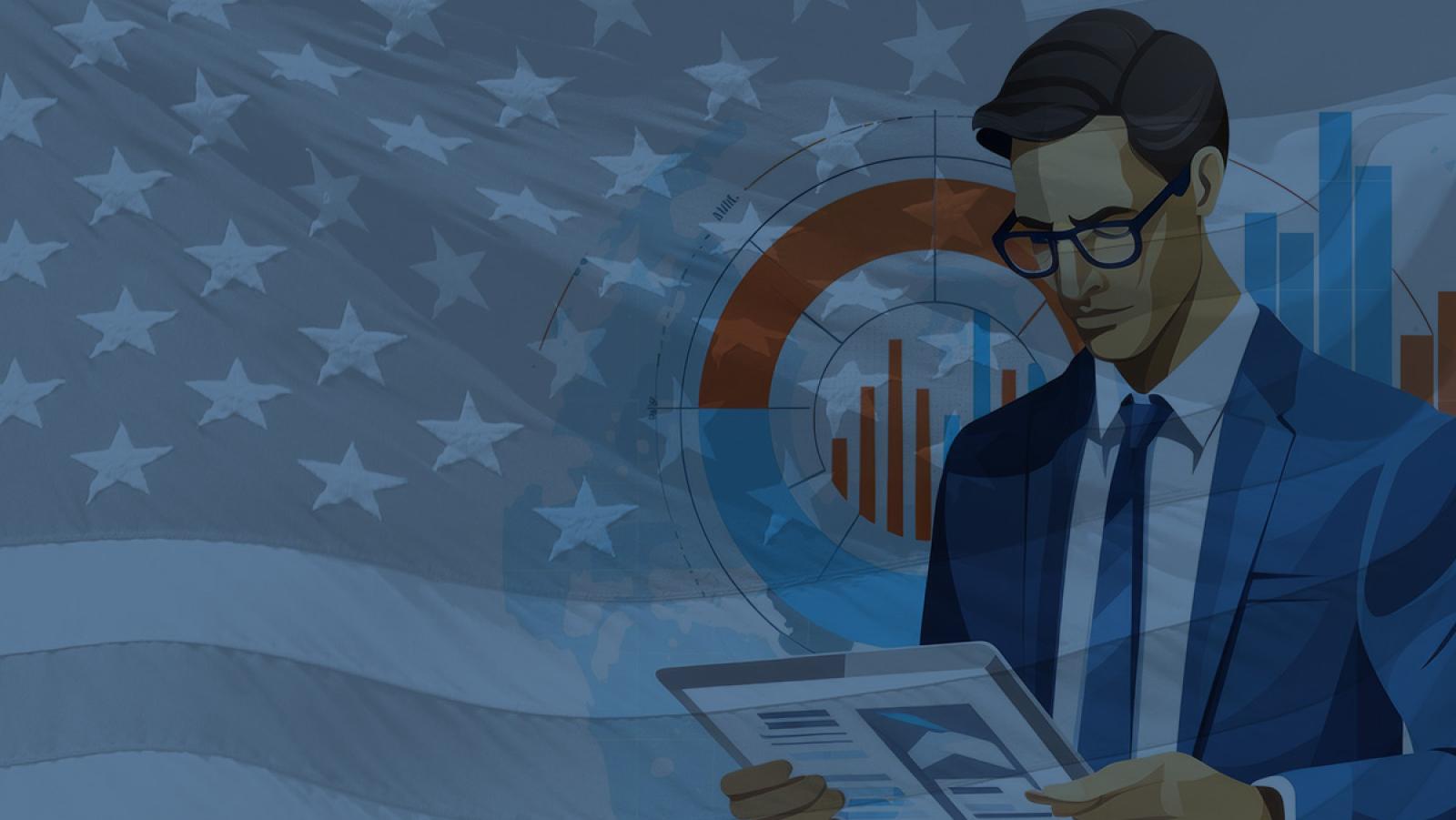 Ein junger Mann denkt über seine Investitionen vor der Flagge der USA nach