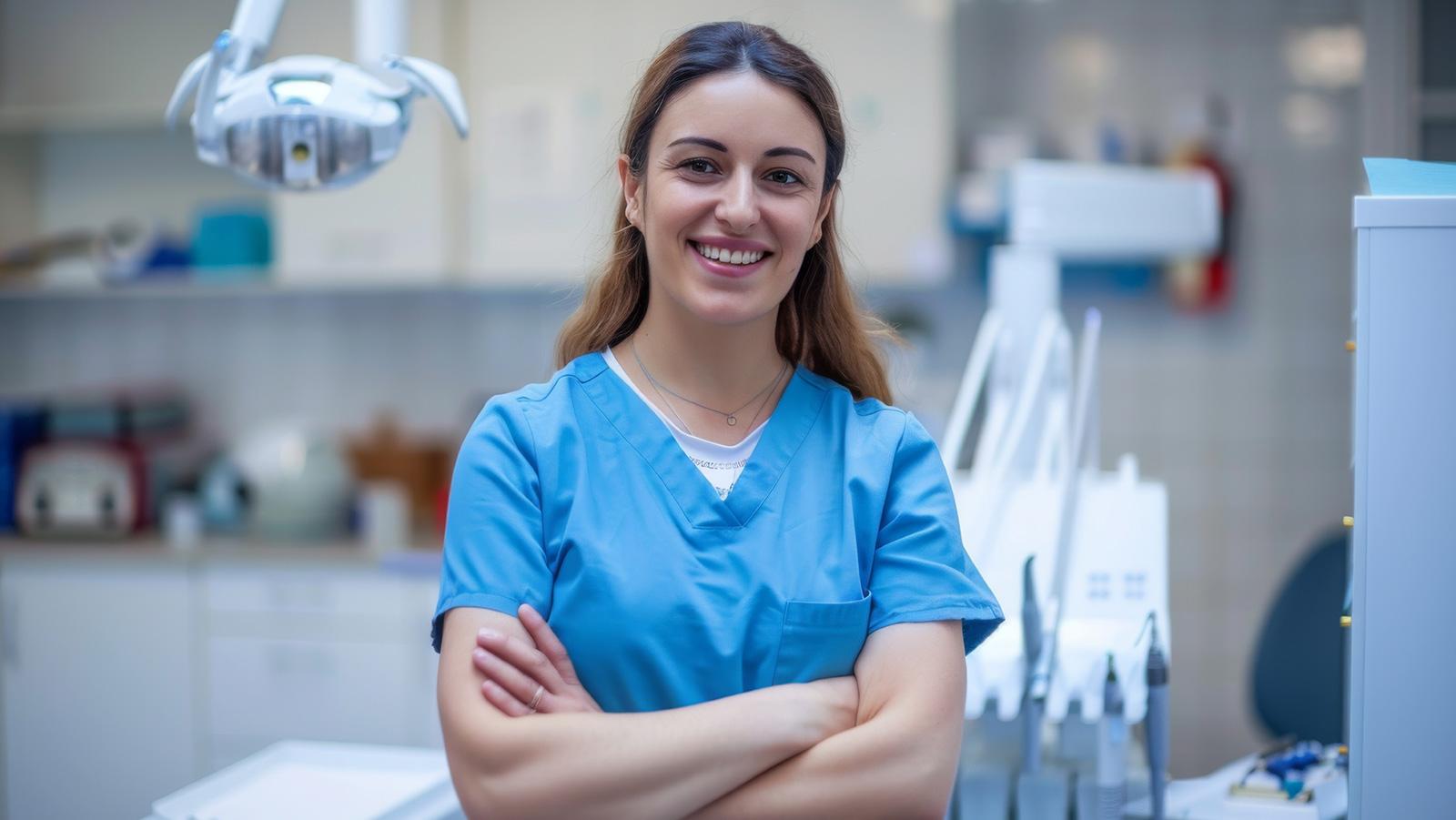 Junge Zahnarzthelferin in einem Behandlungszimmer