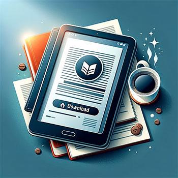 zum eBook Download Illustration eines eBook-Readers neben eine Tasse Kaffee